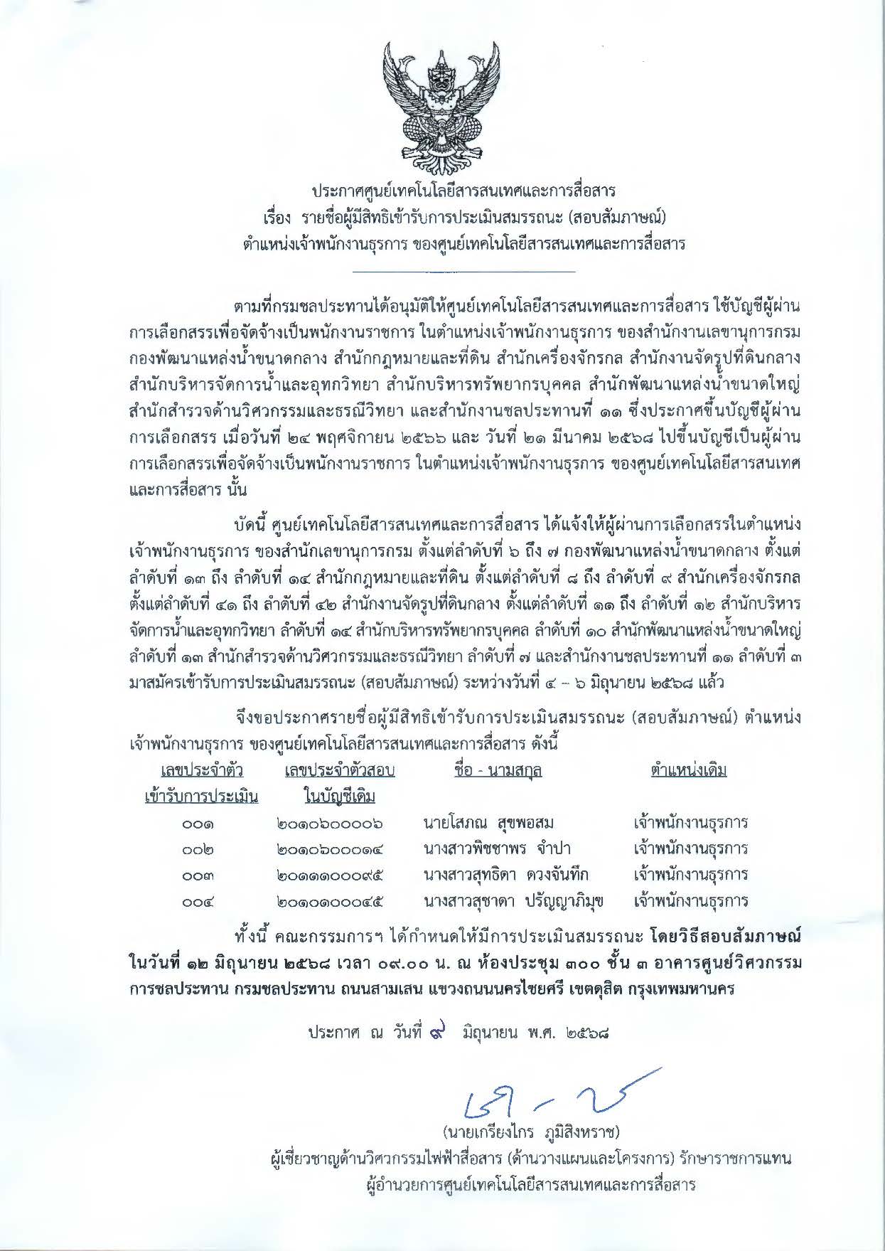 ประกาศรายชื่อสัมภาษณ์ฯ ศทส. 68